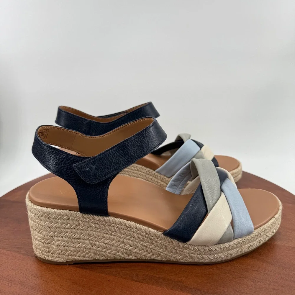 Vionic Saratoga Navy Multi Leather Espadrille Wedge Sandals Womens 11 Wide‎